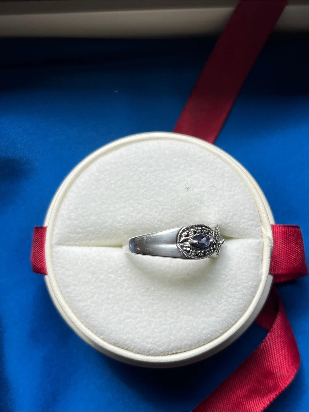 Sterling Silver Twist Band with Blue Marquise Stones